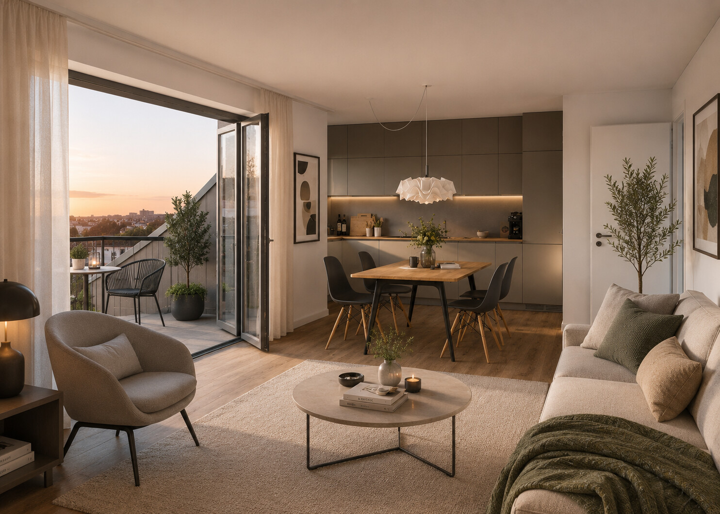 Unverbindliche Beispielvisualisierung Wohnen/Küche mit Balkon