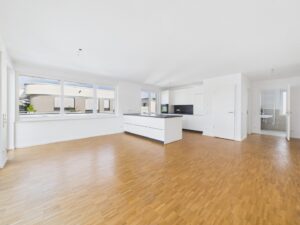 Offene Designer-Küche und Blick zum Abstellraum und dem Badezimmer